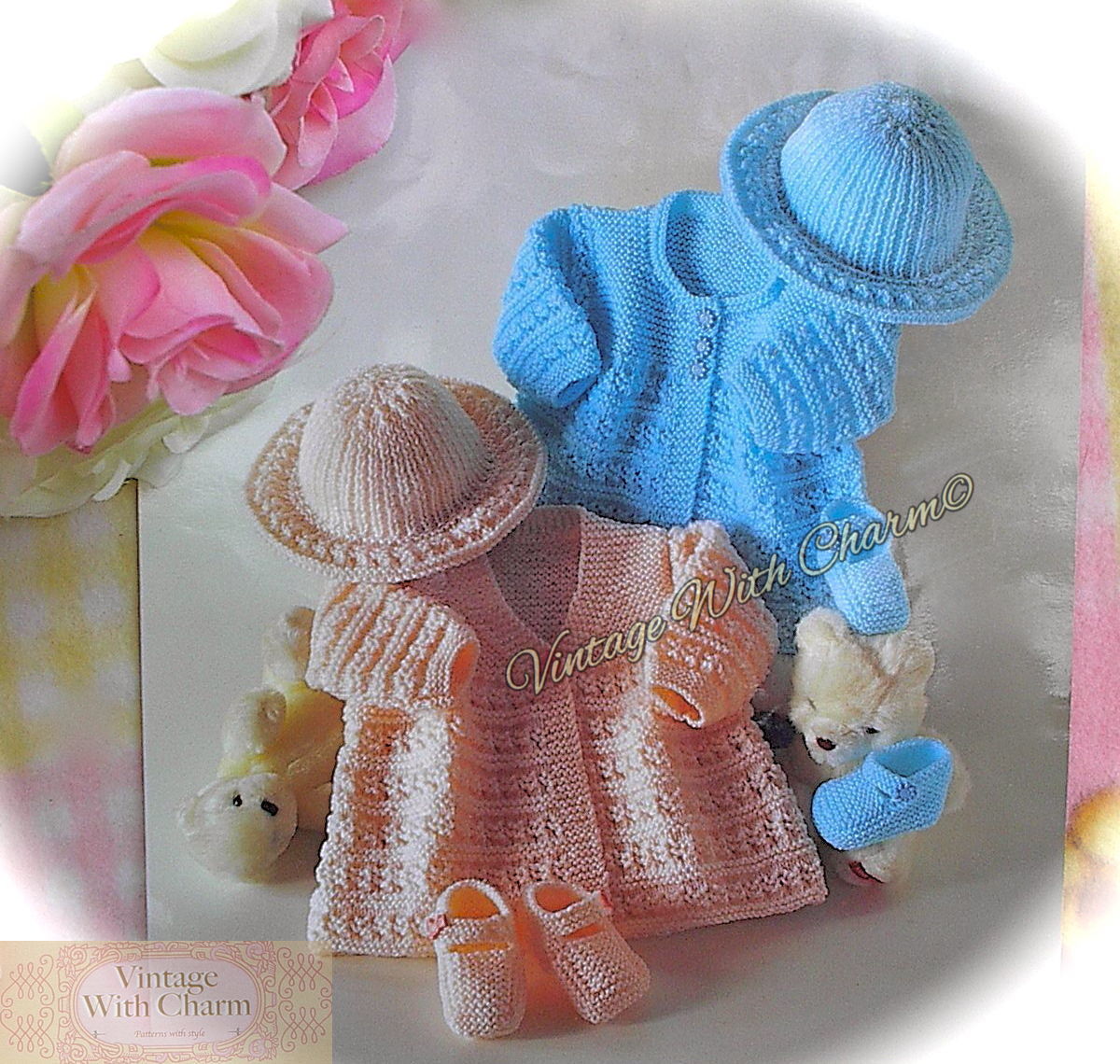 Knitting Pattern Baby's Sweet Matinee Coats, Brimmed Hat & Shoes