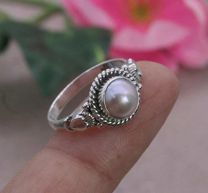 Pearl 925 Sterling Silver Band Ring Statement Ring Handmade Ring All size