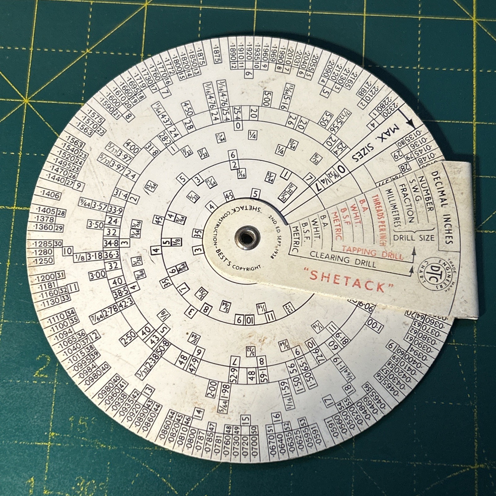 Vintage BEST'S SHETACK Engineers DTC Chart 2nd Edition 1938 Drill & Tap Gauge