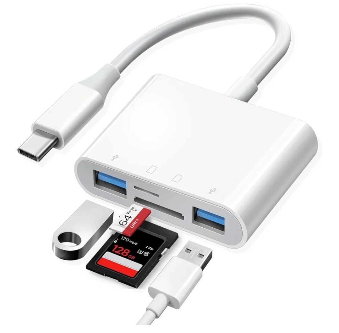 USB C SD Card Reader, Type C 4-Slots Memory Card Adapter with Dual USB Ports