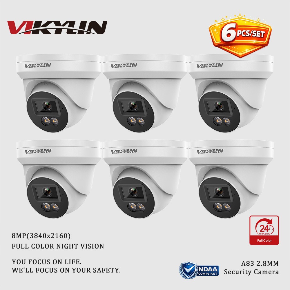 6PACK VIKYLIN 4K 8MP Full Color Night Vision Turret Security Camera Built-in MIC
