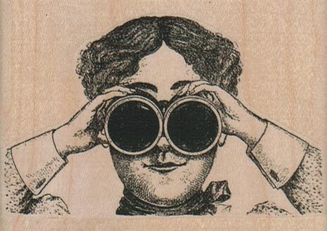 Binoculars Lady 3 1/4 x 2 1/4" Rubber Stamp, Woman Stamp, Lady Stamp