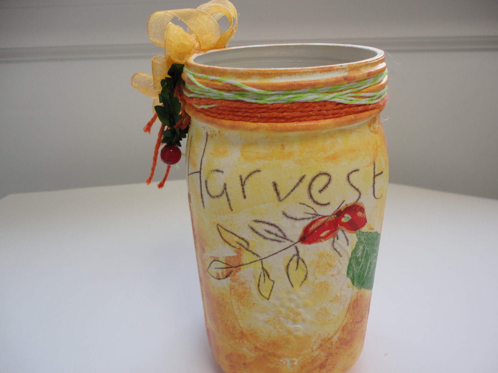 Decoupage Quart Mason Jar, Autumn Leaves or Harvest TIme ( Handmade)