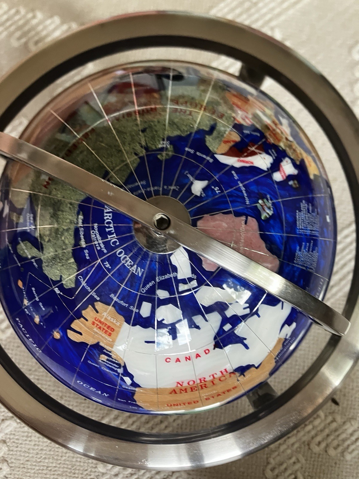 Blue Gemstone Tabletop World Globe w/ Rotating Silver Metal Base Compass