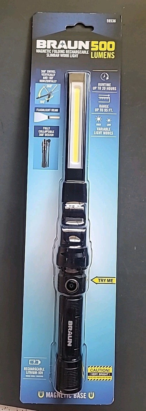 BRAUN Magnetic Slim Bar Folding Rechargeable LED Light 500 Lumens