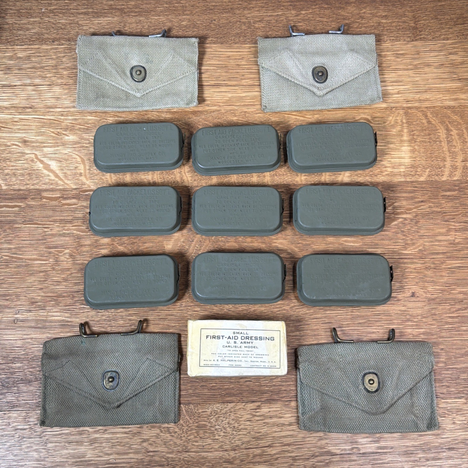 Lot Original US Military WWII Carlisle Model First Aid Pack Tin Pouch Unopened