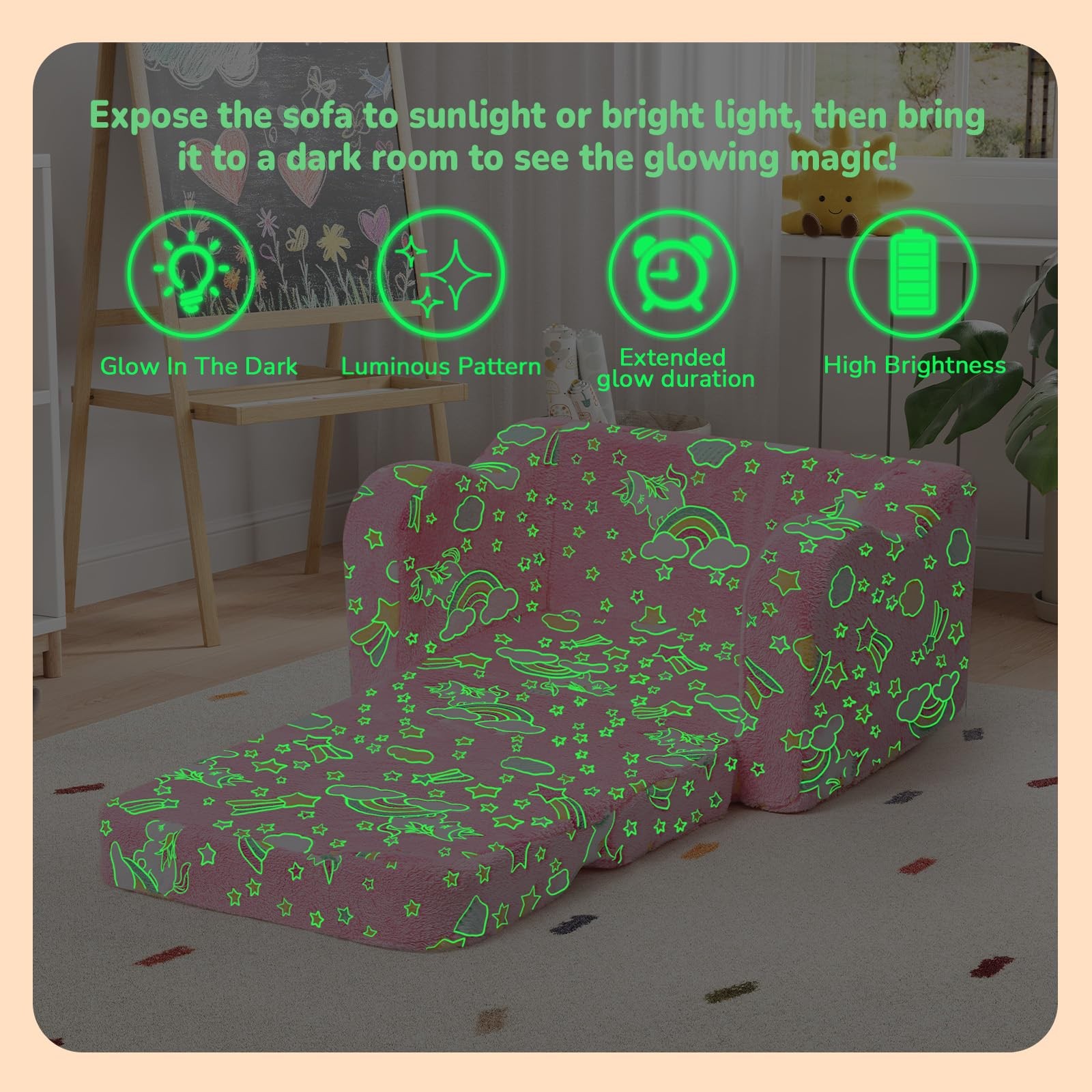 Folding Toddler Chair, Soft Plush Fold Out Kids Couch Sofa Glow in The Dark, Com