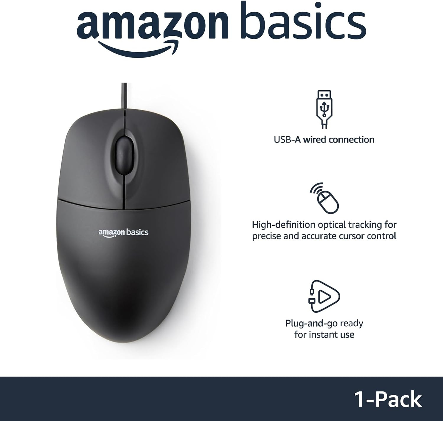 3-Button USB Wired Mouse with Scrolling and Tracking - Standard, Black