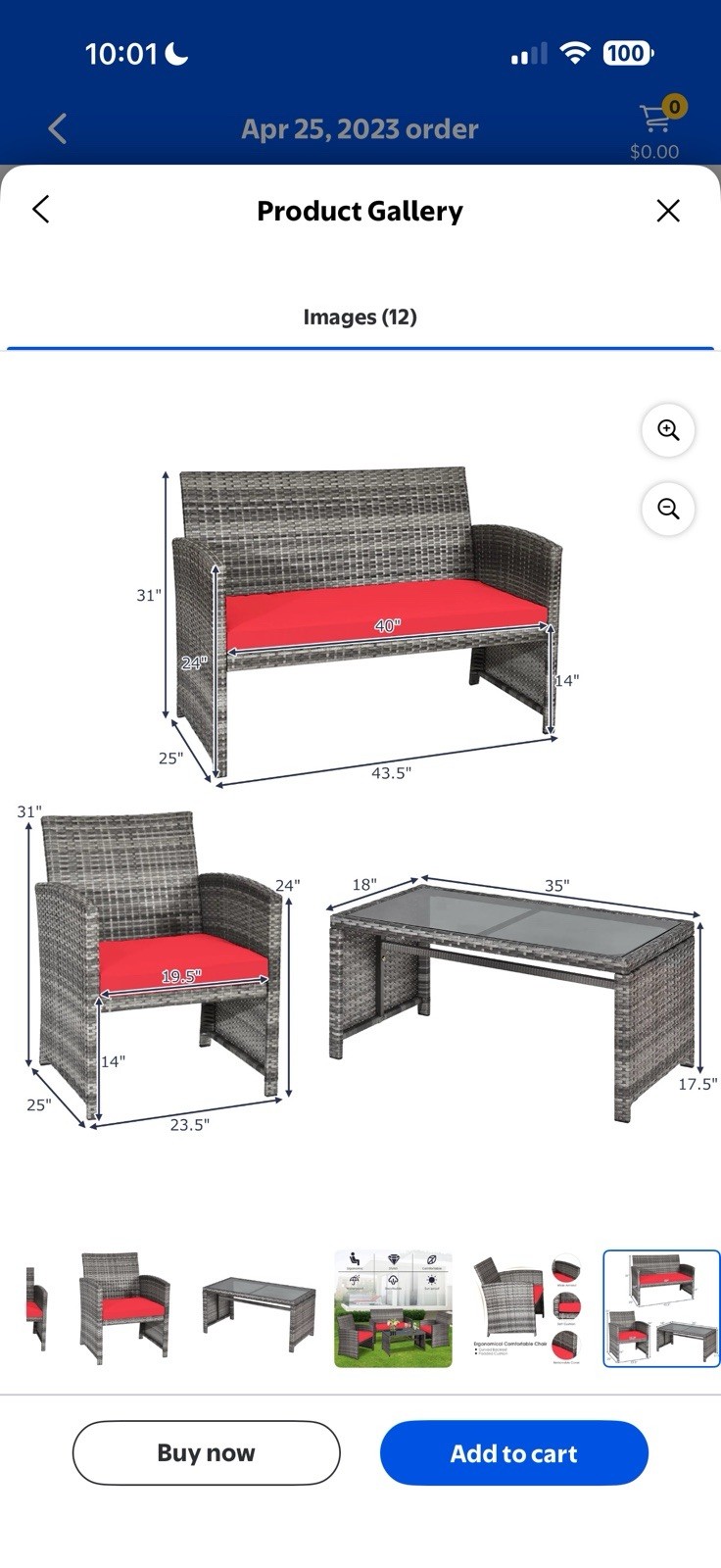 Costway 4PCS Patio Rattan Conversation Glass Table Top Cushioned Sofa Red