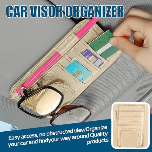 Car Sun Visor Organizer, Multi Pocket Small Vehicle Document Holder for Beige