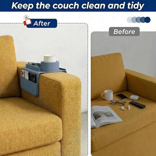 Silicone Couch Cup Holder Tray, 3-Side Sofa Armrest Organizer with Secure Grey