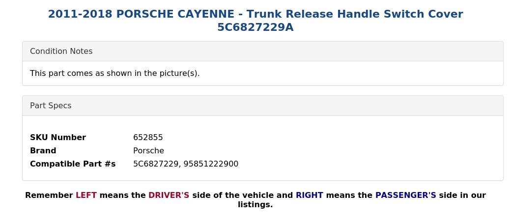 2011-2018 PORSCHE CAYENNE - Trunk Release Handle Switch Cover 5C6827229A