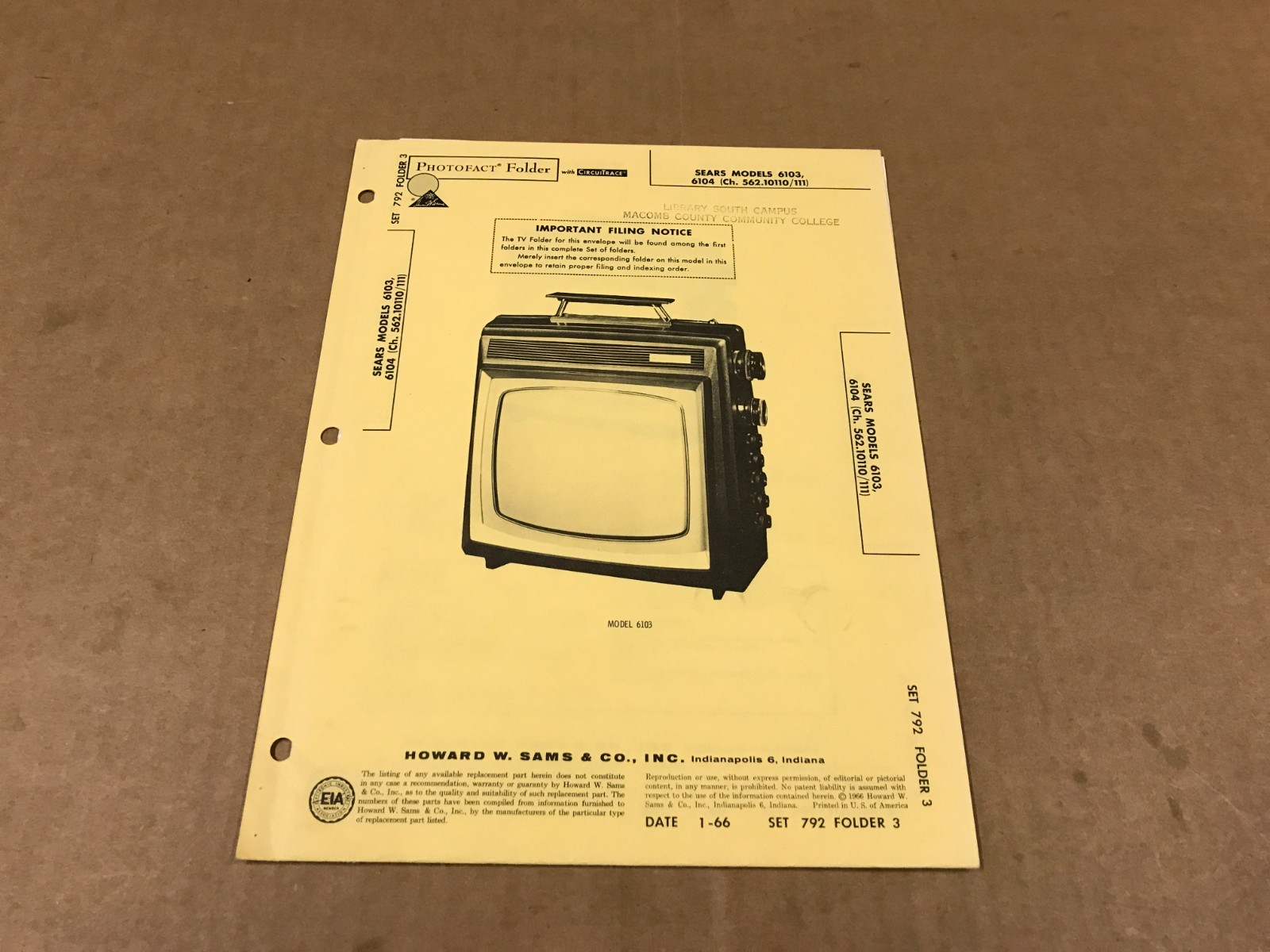 Vintage Photofact Folder - 792-3 - Sears TV Models #6103, #6104