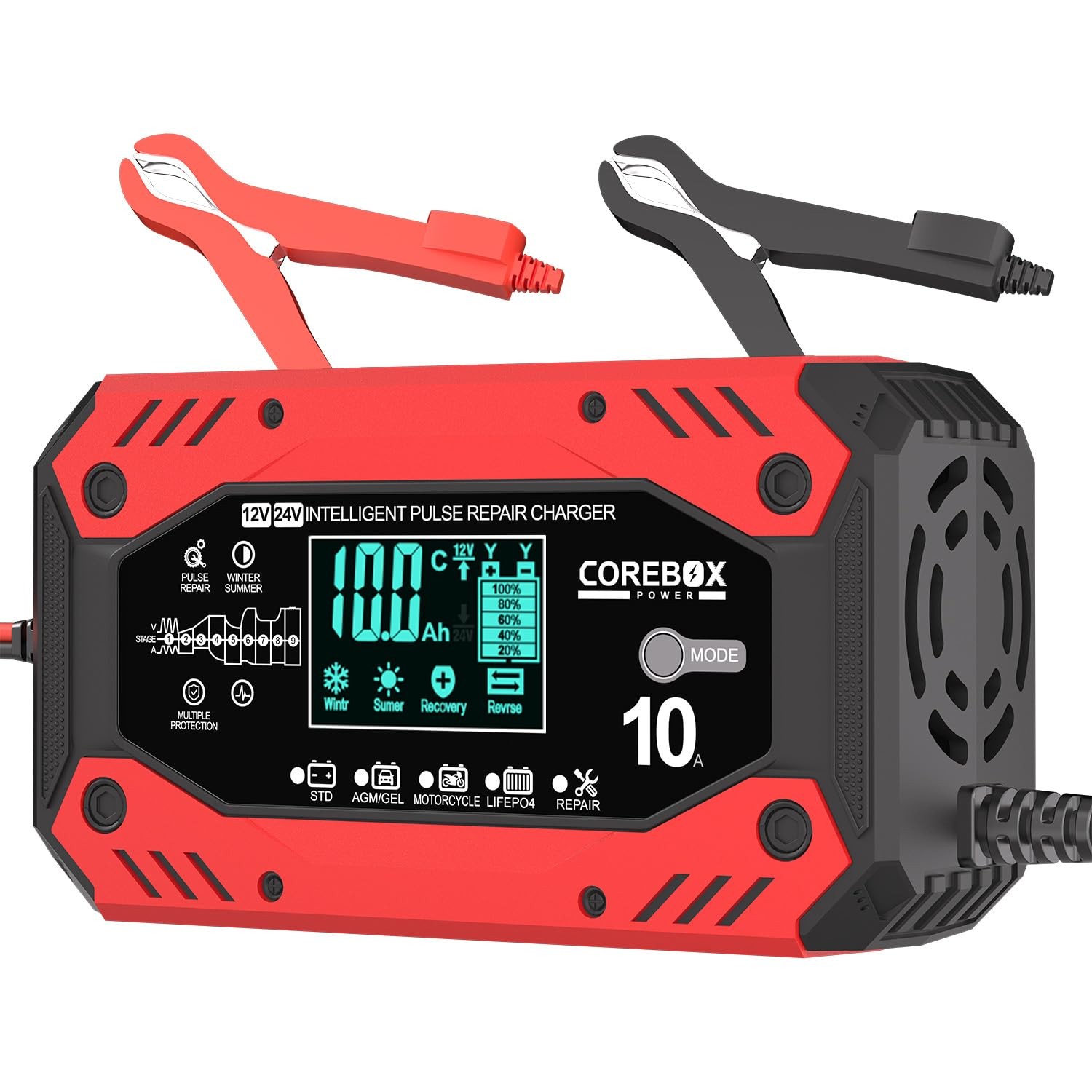 Battery Charger 10-Amp 12V/24V Smart Trickle for Car - Red-10CD