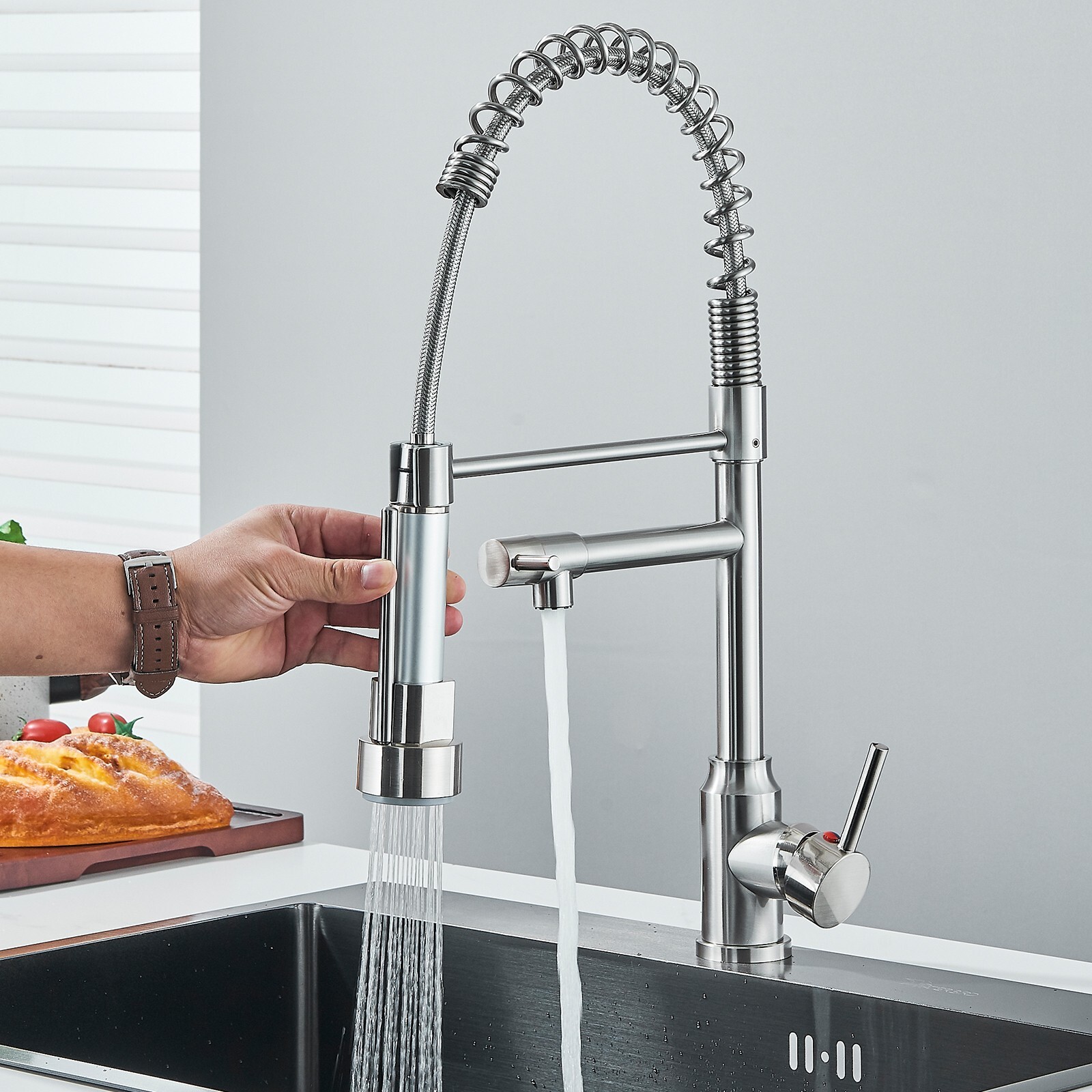 Brushed Nickel Kitchen Faucet with Sprayer Single Handle Pull Down Sink Mixer