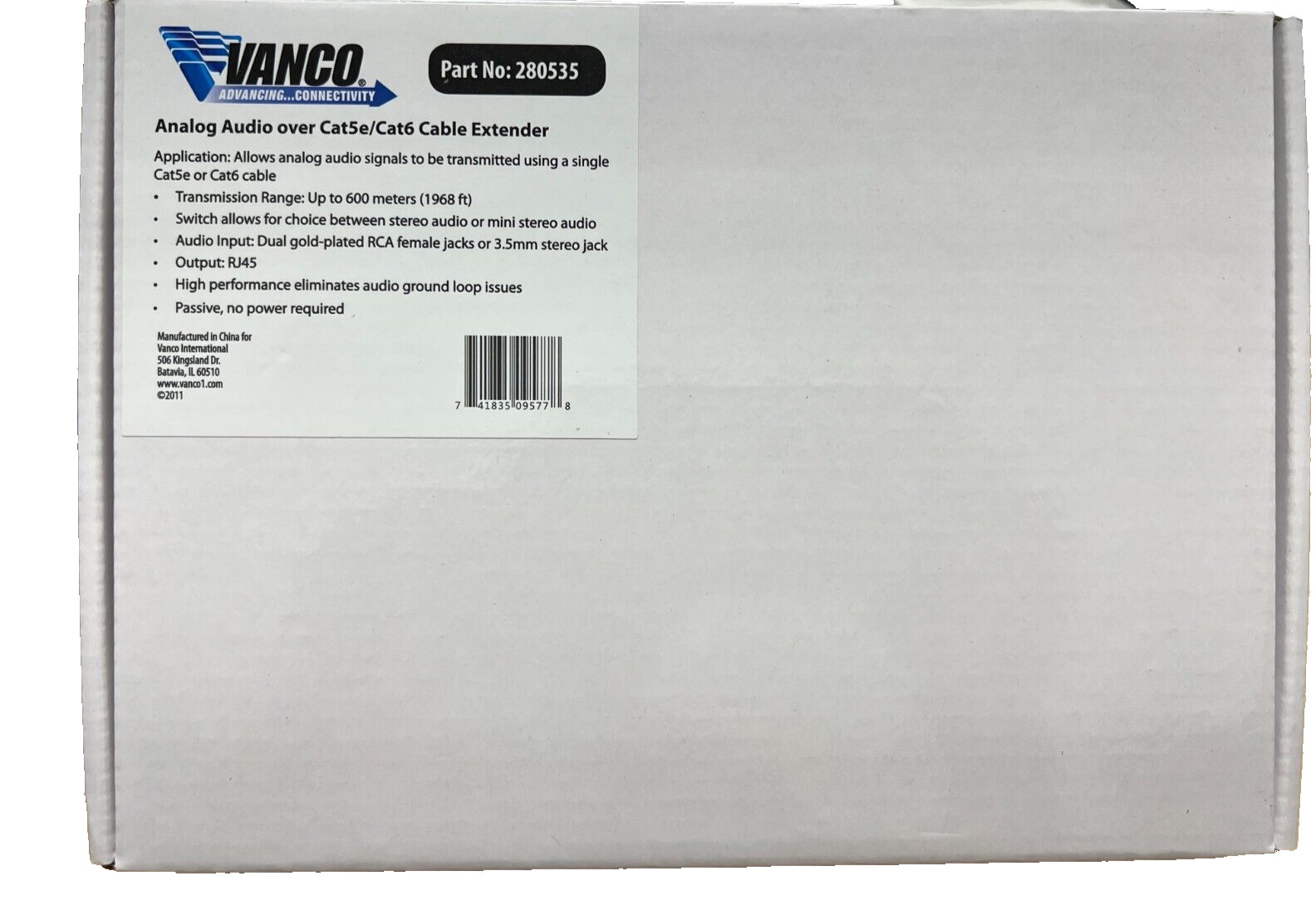Vanco Analog Audio over Cat5e/Cat6 Cable Extender Part #280535