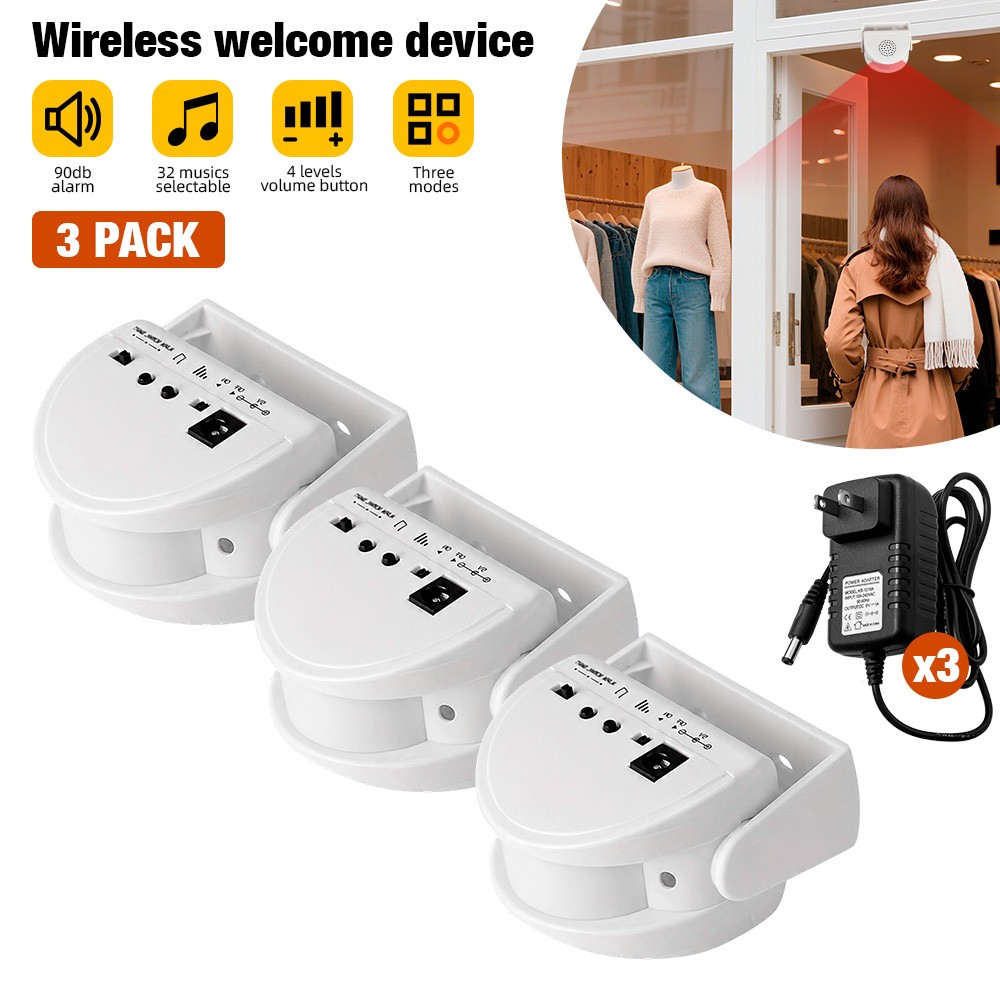 3PACK Wireless Motion Sensor Alarm Doorbell with Power Supply Welcome Door Chime