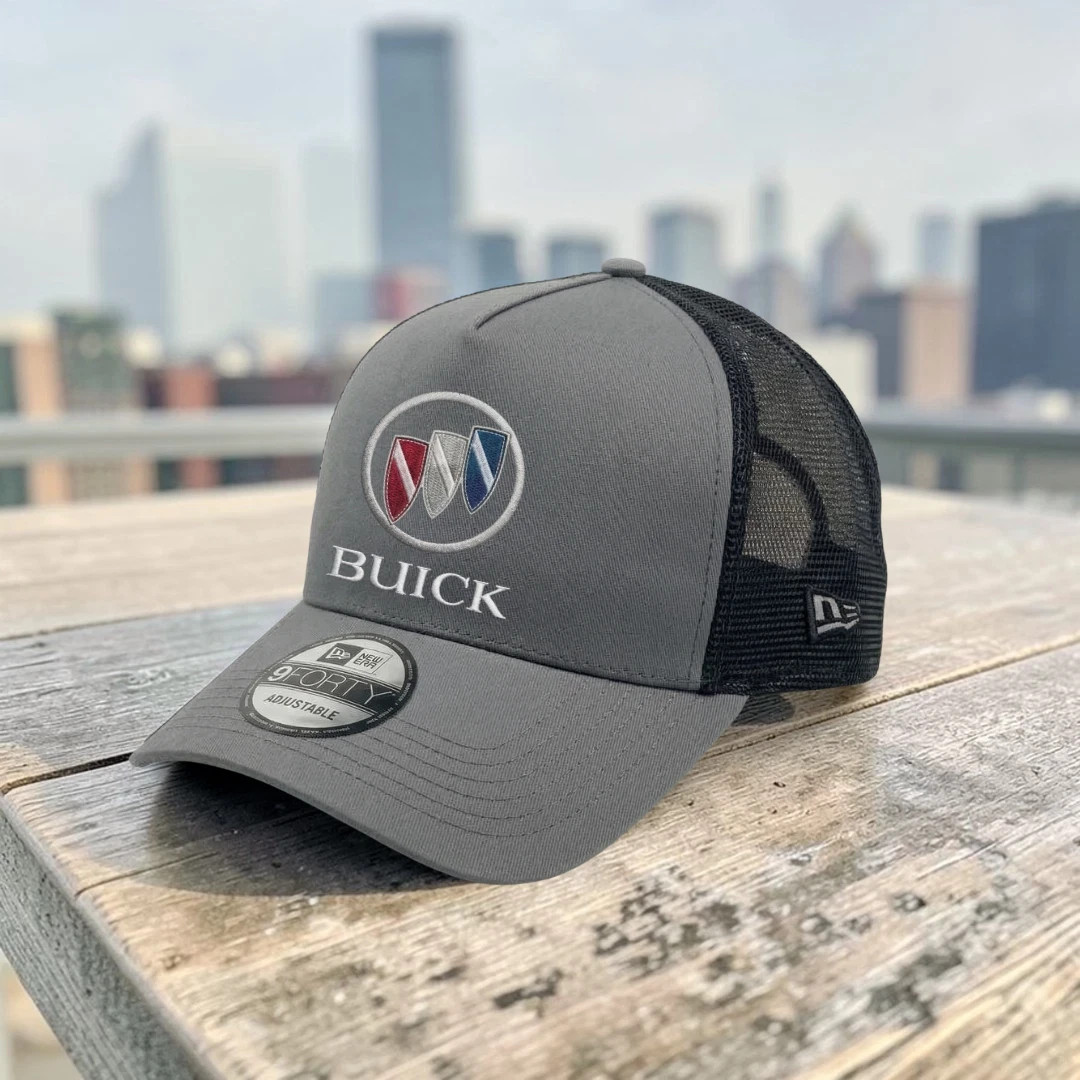 Buick Logo Embroidered Trucker Hat Gray Black Mesh Back Adjustable Cap