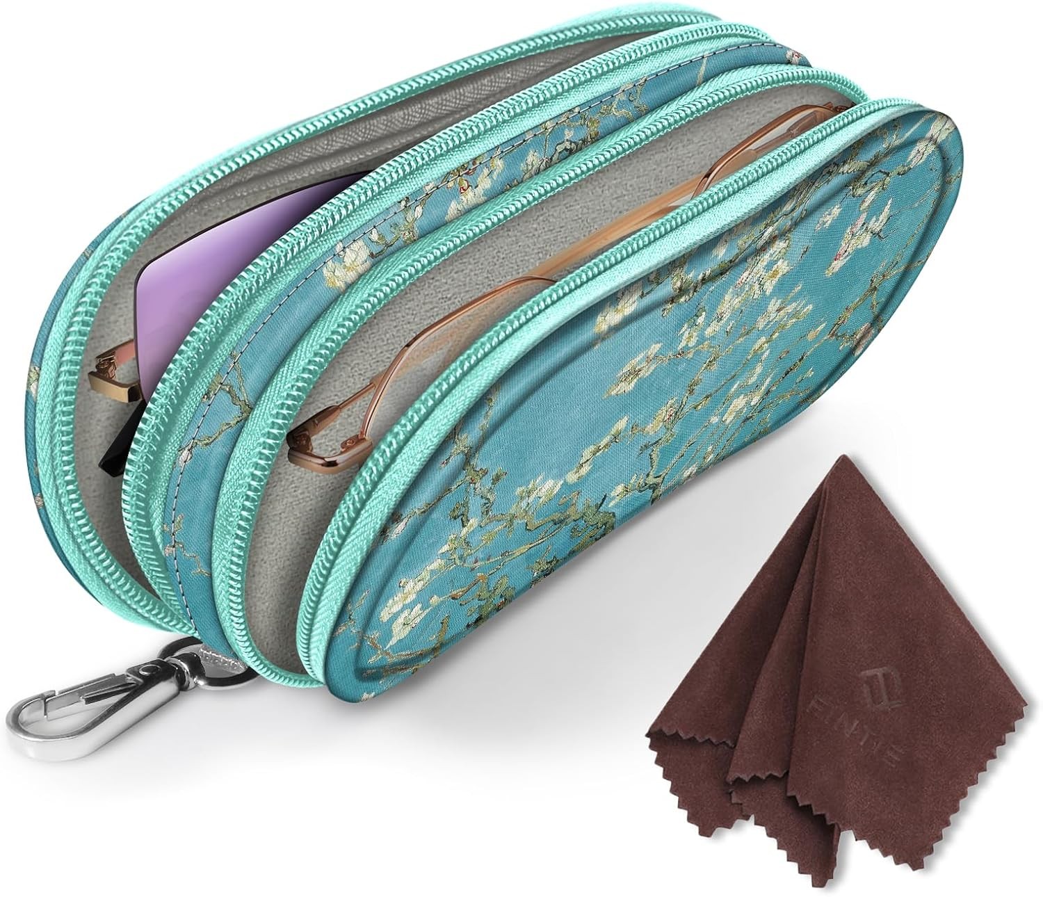Double Eyeglasses Case Soft Portable Zipper Sunglasses Pouch with Carabiner Clip