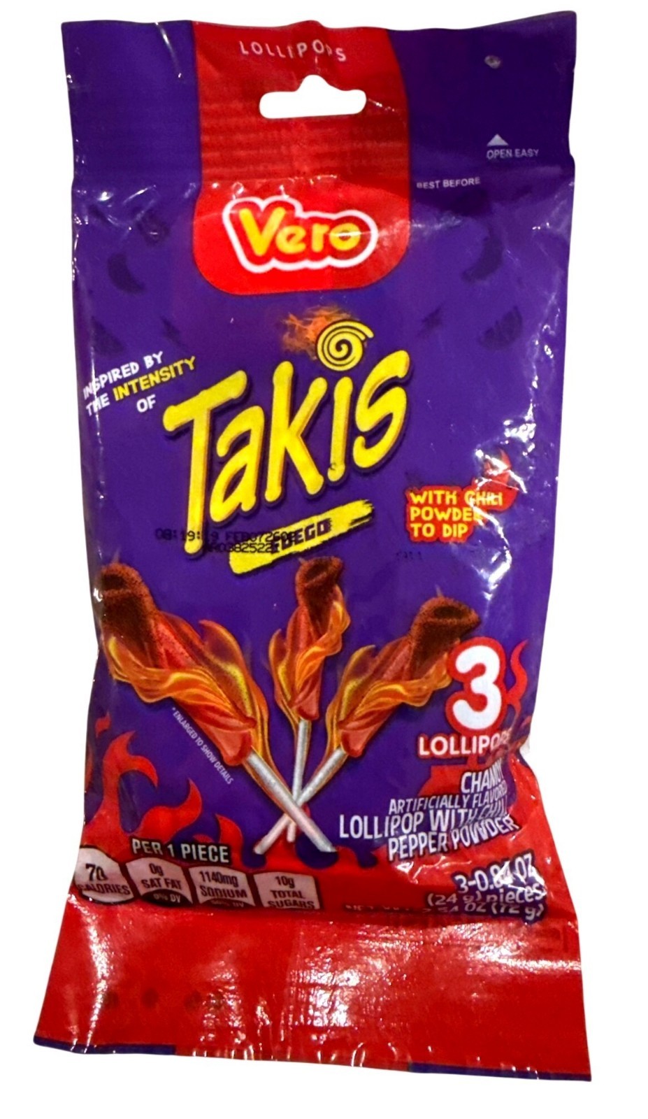 3pc Bag 2.54oz Vero TAKIS FUEGO Lollipops Candy with Chili Powde Dip Sweet Spicy