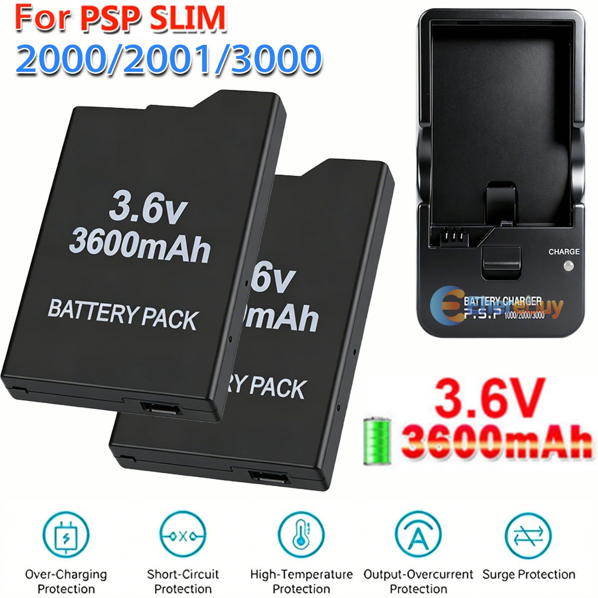 2 baterías 3600 mAh para PSP Slim 2000 3000 2001 recargables 1 cargador de pared