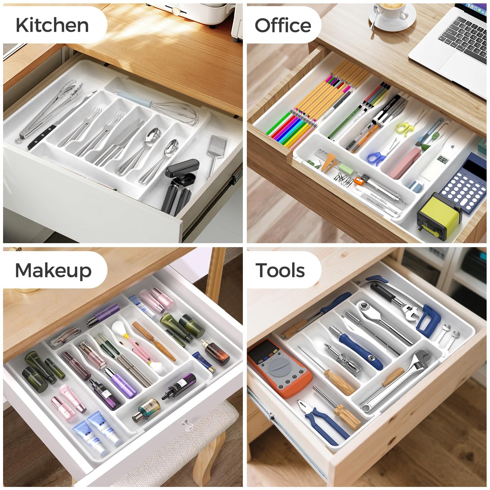 ukeetap Extra Large Expandable Silverware Organizer, BPA-Free Food-Safe White