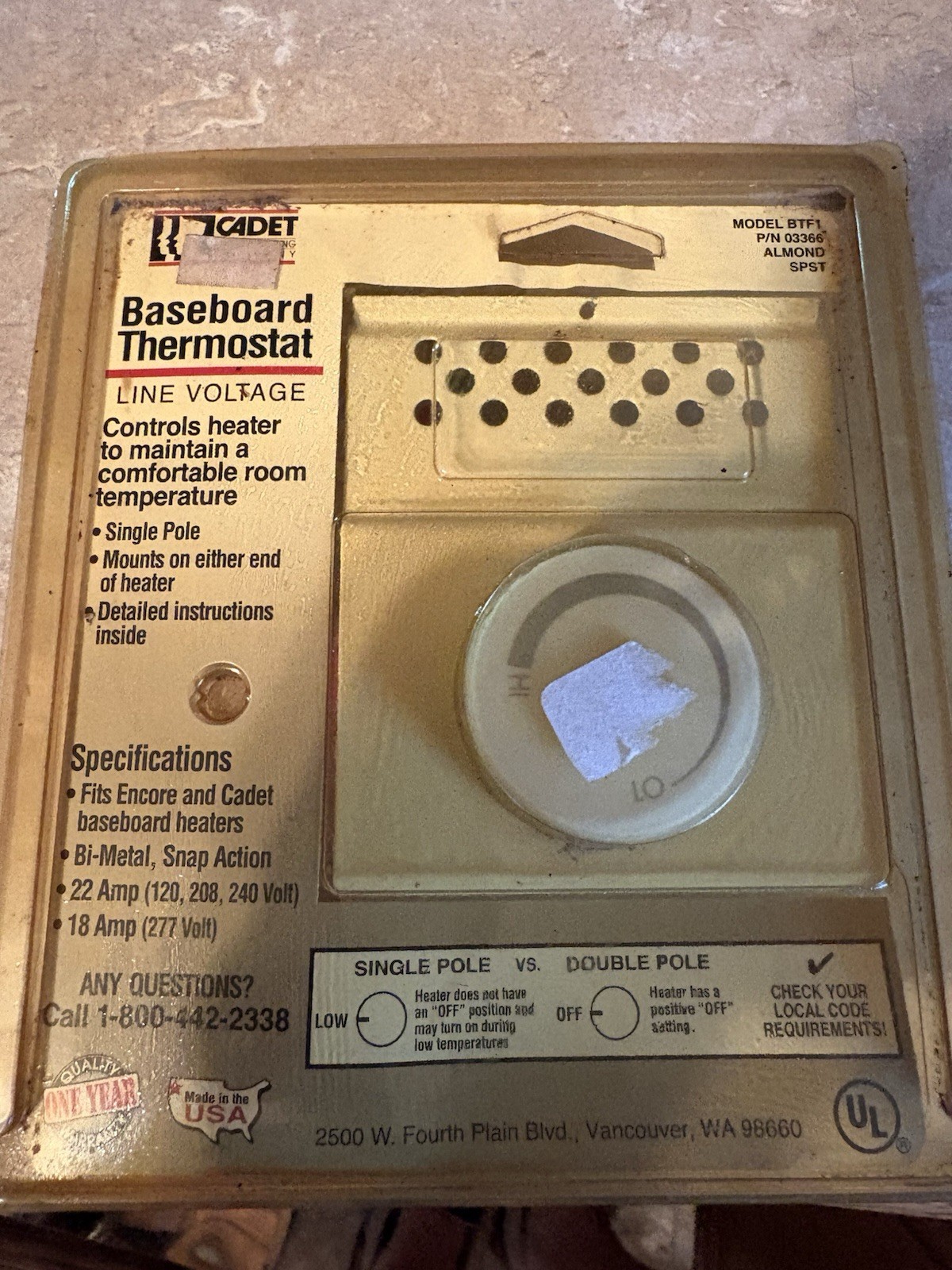 Cadet Baseboard Thermostat line voltage model BTF1 Almond  single pole NOS