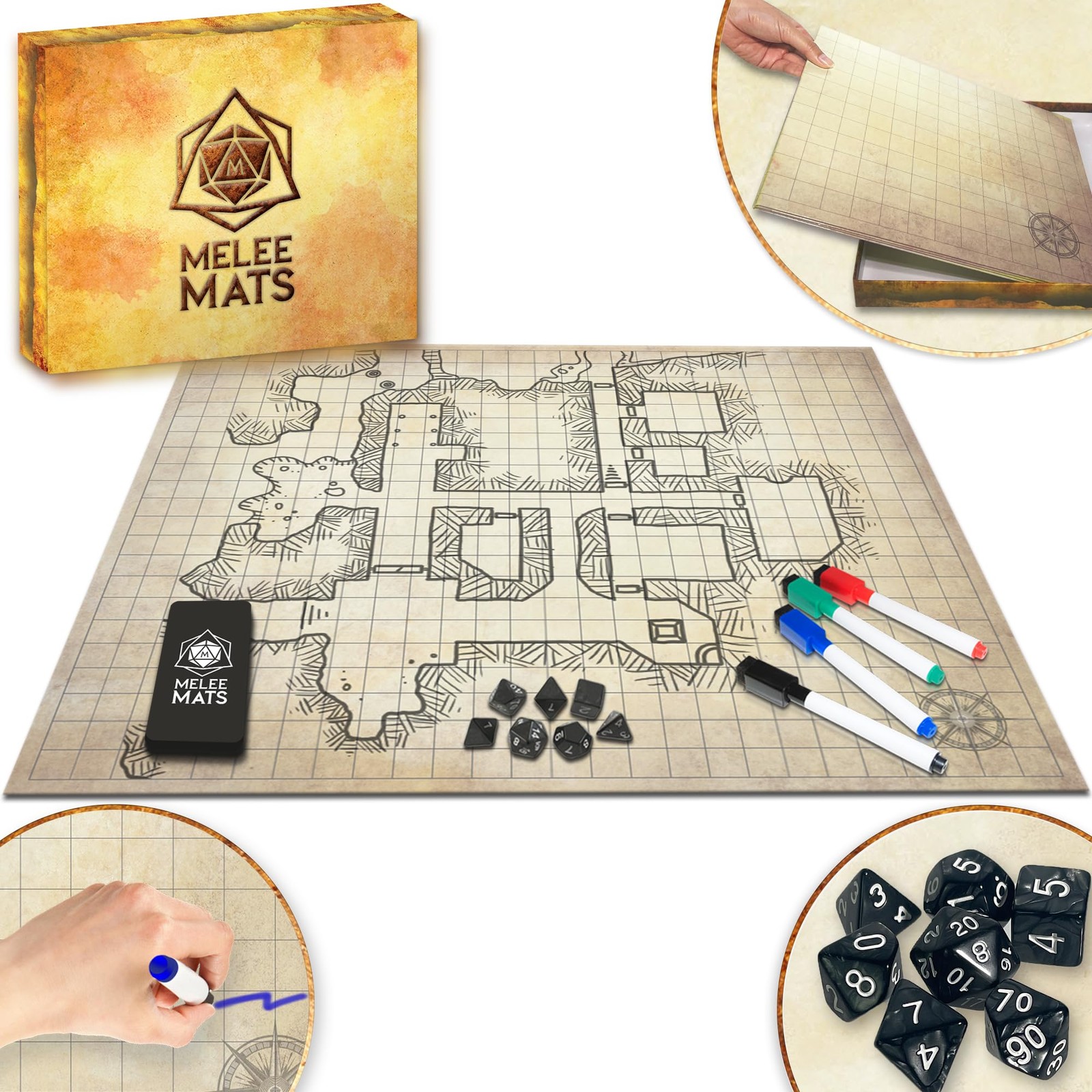 DND Map Starter Set - 23” x 27" Double Sided, Wet & Dry Erase Battle Terrain ...