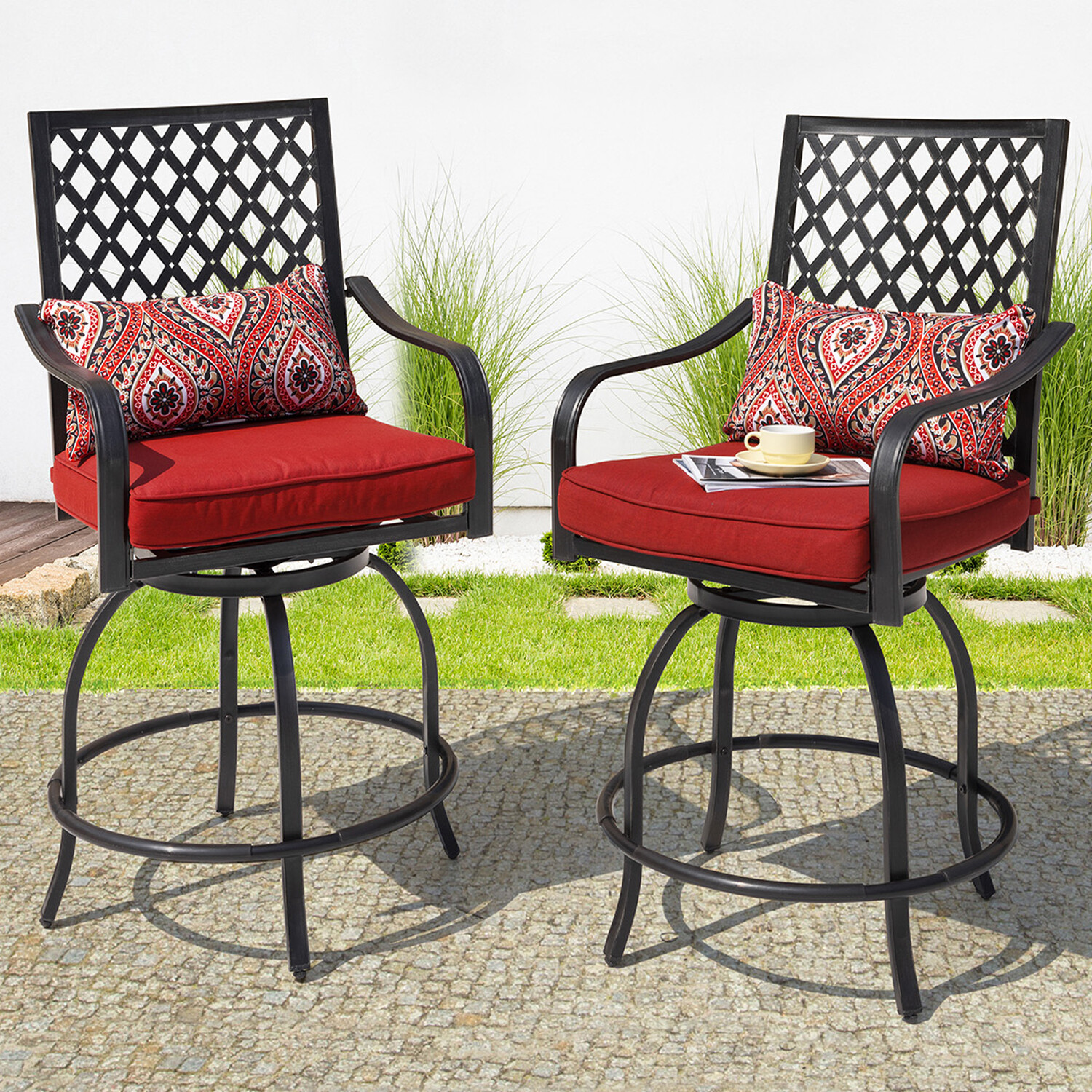 Swivel Patio Bar Stools Set of 2 Counter Height Dining Chairs High Back Armchair