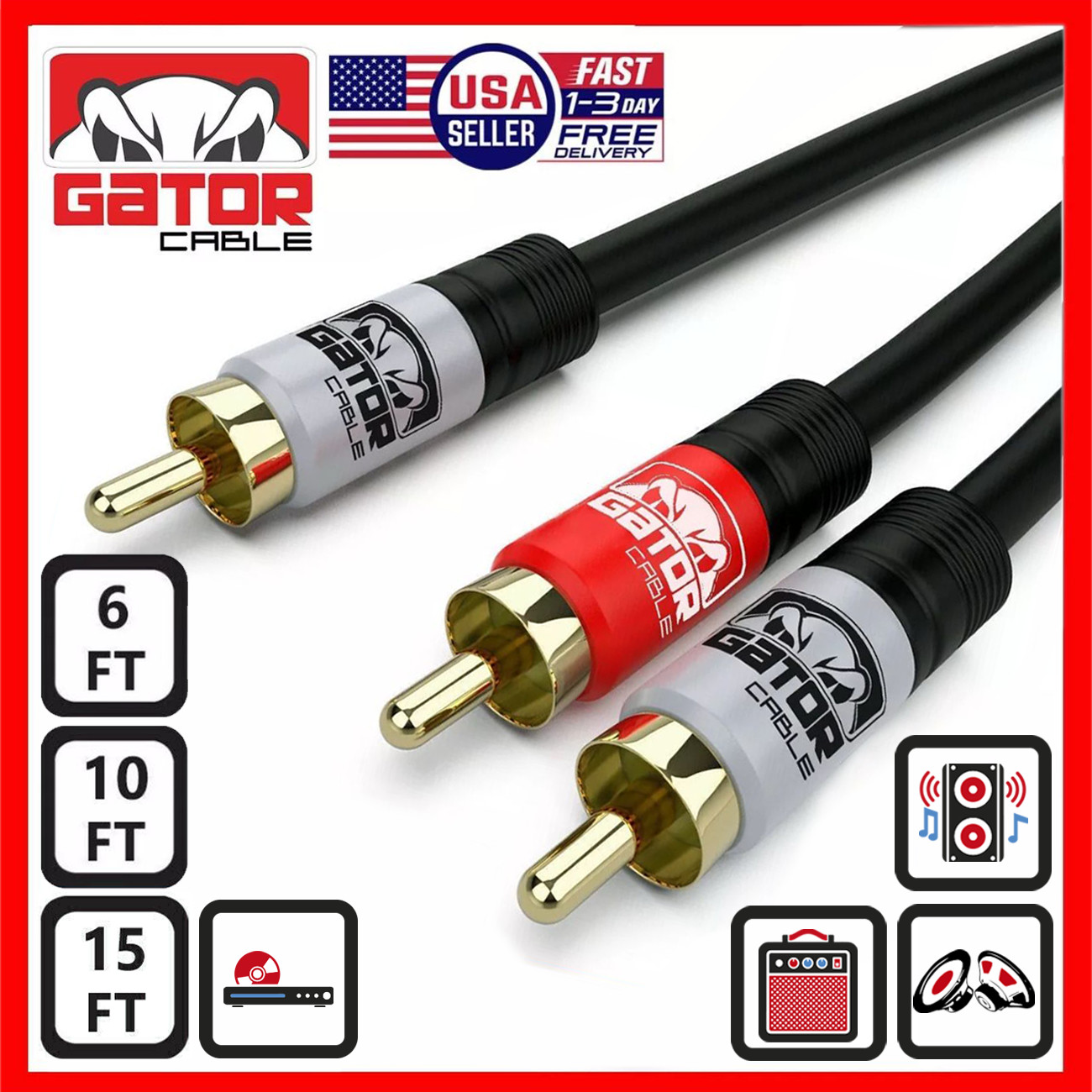 2 RCA to 1 RCA Male Subwoofer Audio Splitter Y Cable Stereo Bass Bi-Direction