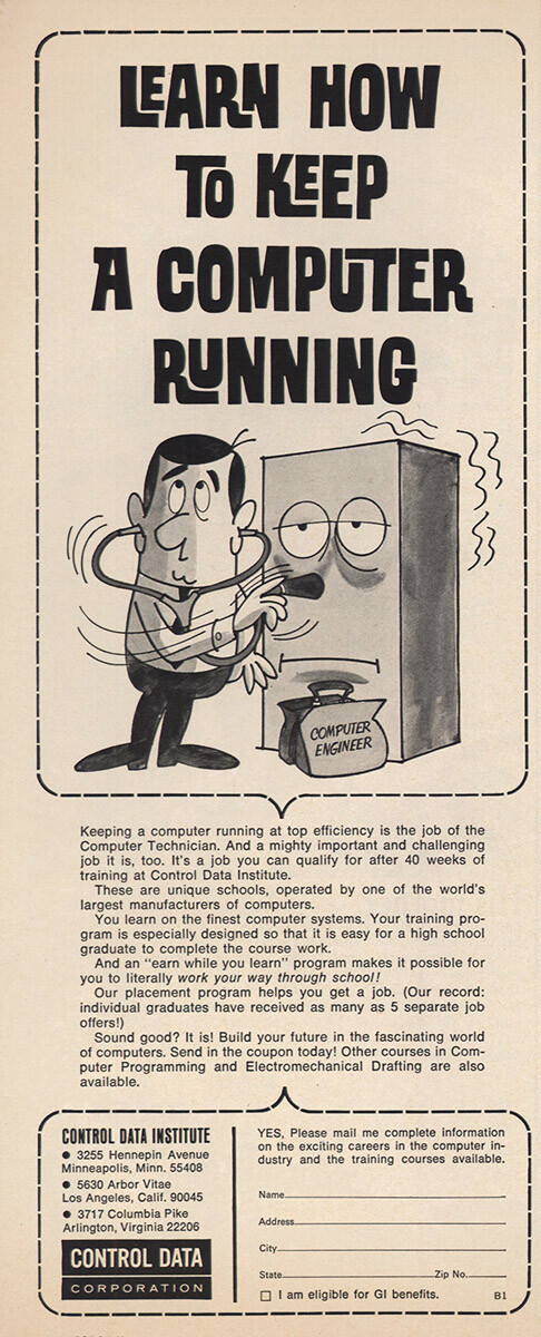 1966 Control Data Institute: Keep Computer Running Vintage Print Ad