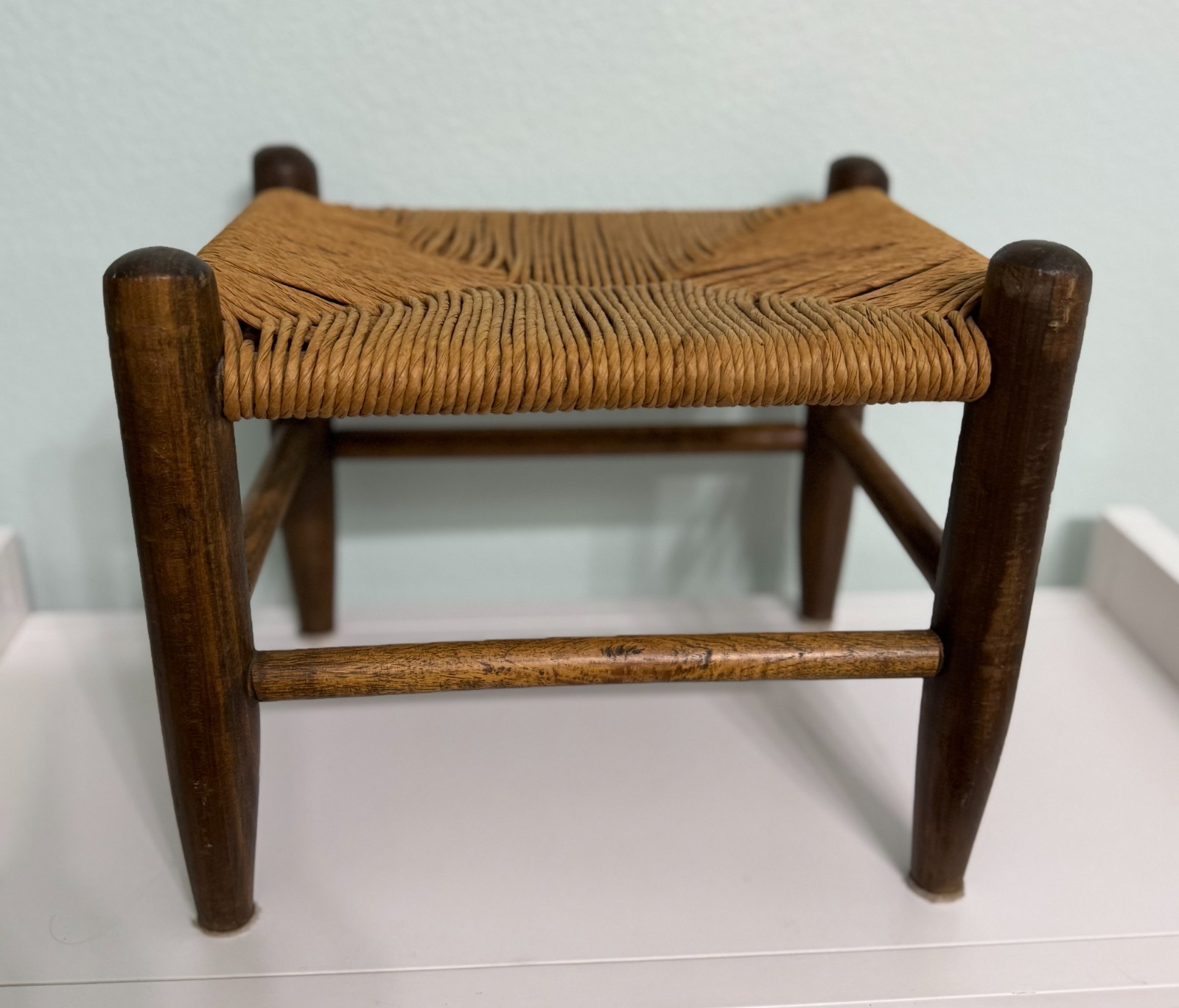 Vintage Rush Woven Wooden Footstool. 13 1/2" L x 11" W x 11 1/2" H