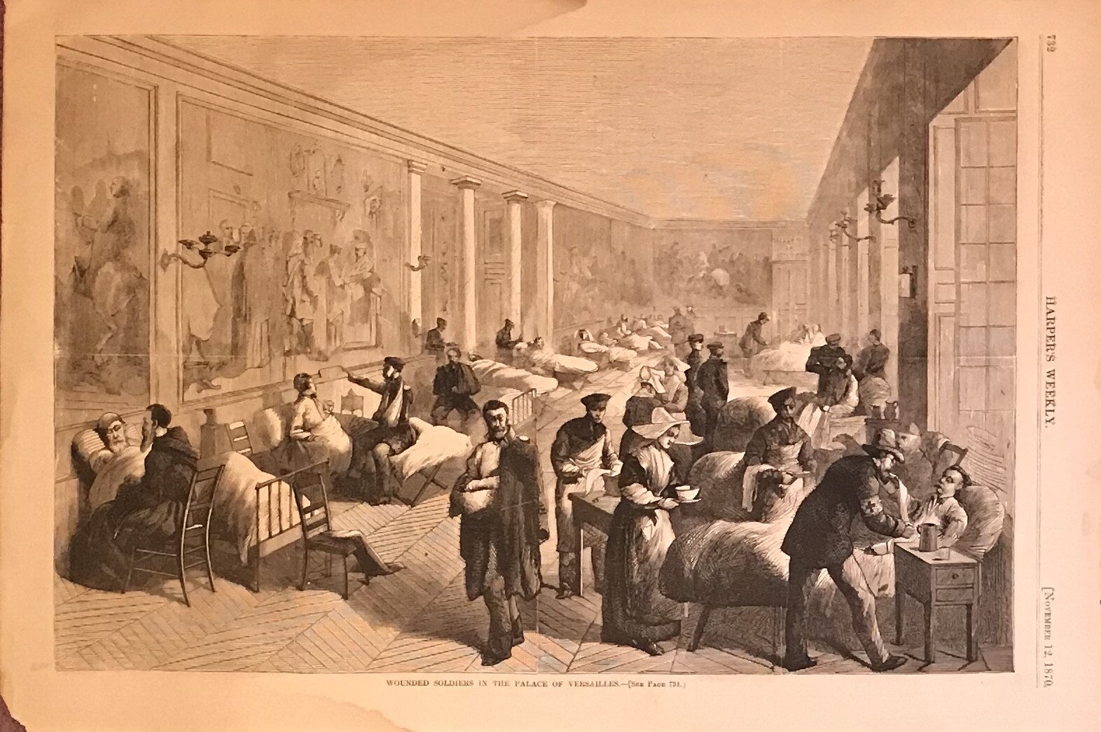 HARPER'S WEEKLY 1870 "PALACE OF VERSAILLES WOUNDED SOLDIERS" Military Hospital