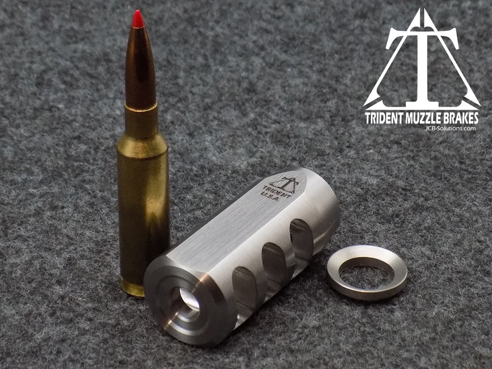 1/2x28 6.5 caliber Stainless compact brake with crush washer. Made in the U.S.A.