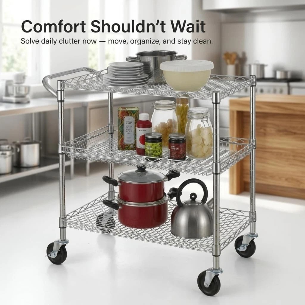 Durable 3 Tier Utility Cart with Push Handle - Ideal for Kitchen & Warehouse Use
