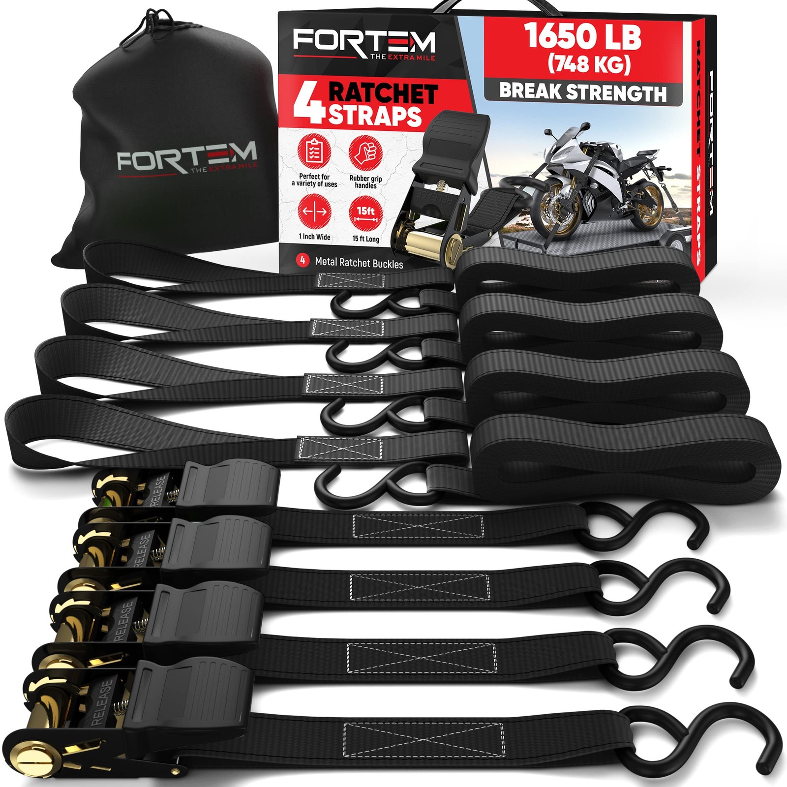 FORTEM Ratchet Straps, Tie Down Strap Set 1650lb Breaking Strength, Black