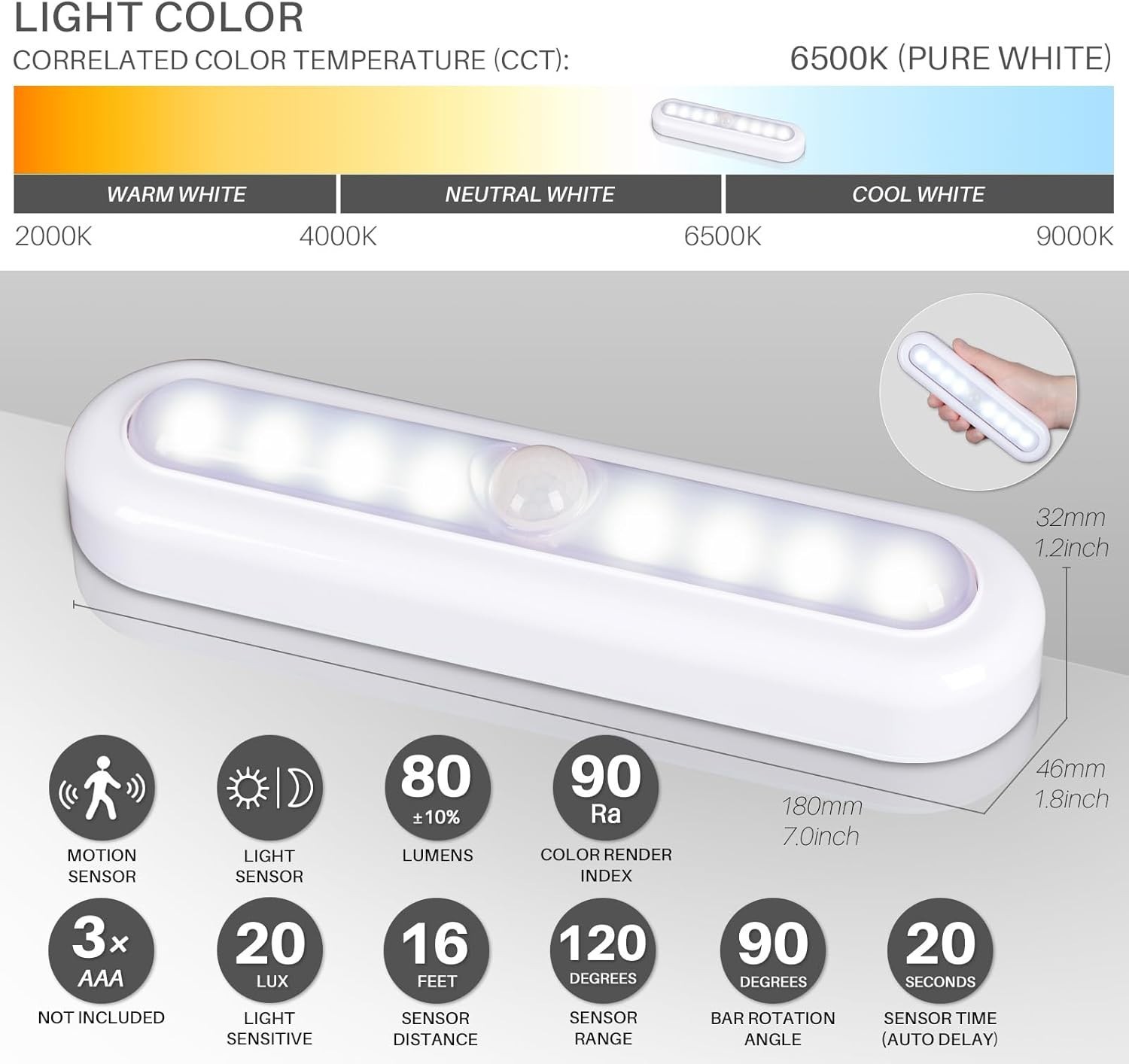 3 Pack 7in Motion Sensor LED Lights Battery Operated Closet Cabinet