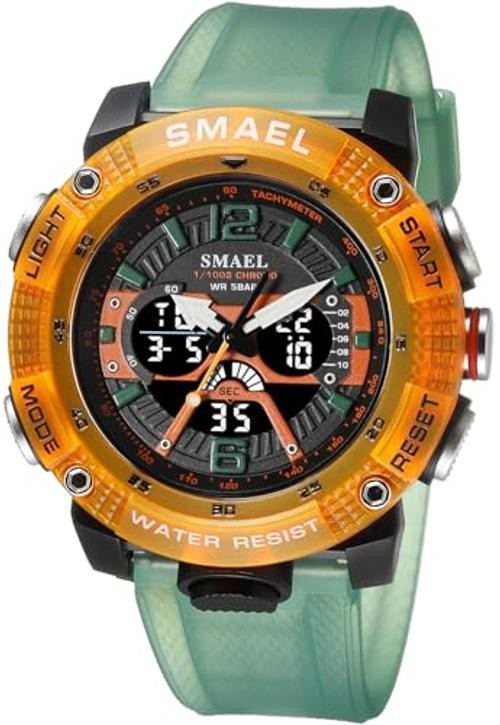 Men's Large Face Watches 5ATM Outdoor Sports Military Transparent green