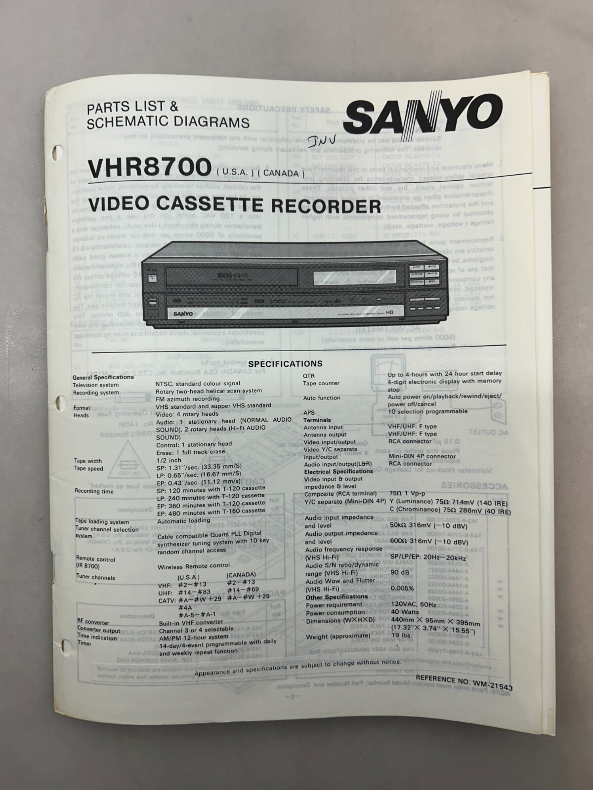 Sanyo VHR8700 Original Service Manual Free Shipping