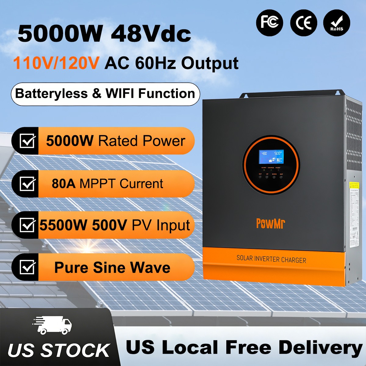 5000W 48V Hybrid Solar Inverter 110/220V Off Grid 80A MPPT Solar Controller 500V