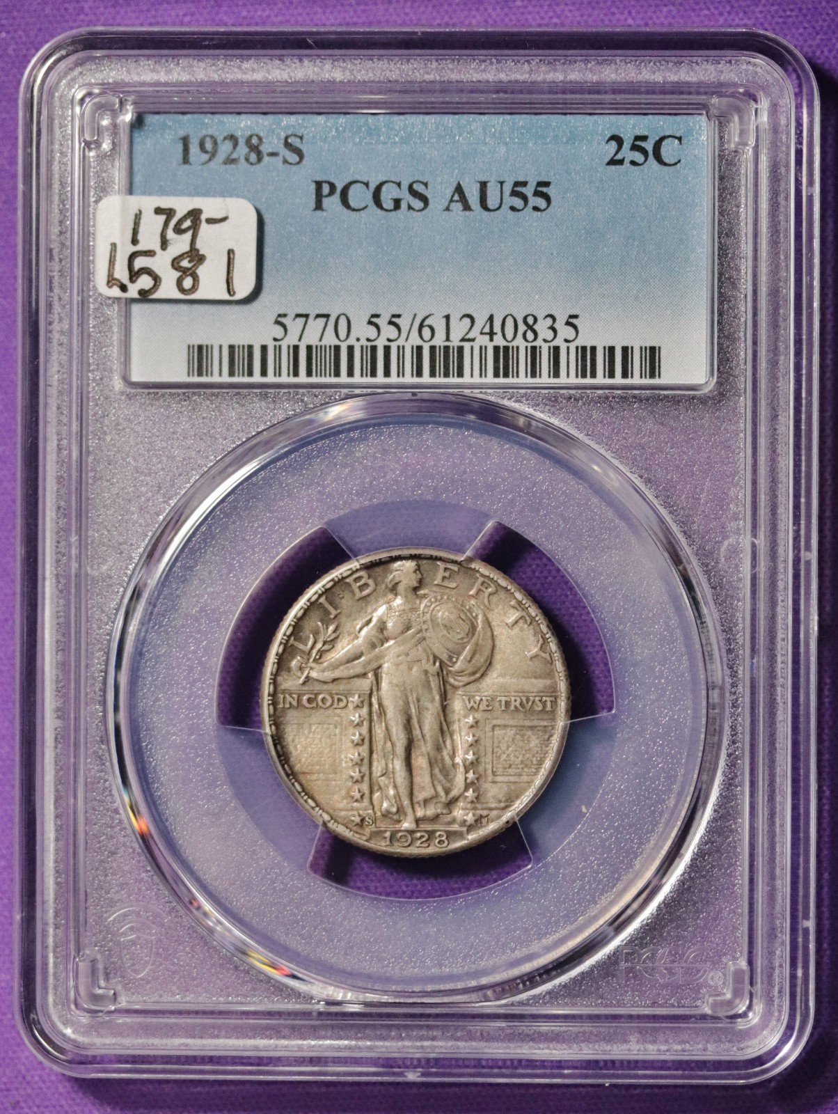1928-s Standing Liberty Quarter.  In PCGS Holder.  AU55.  L581