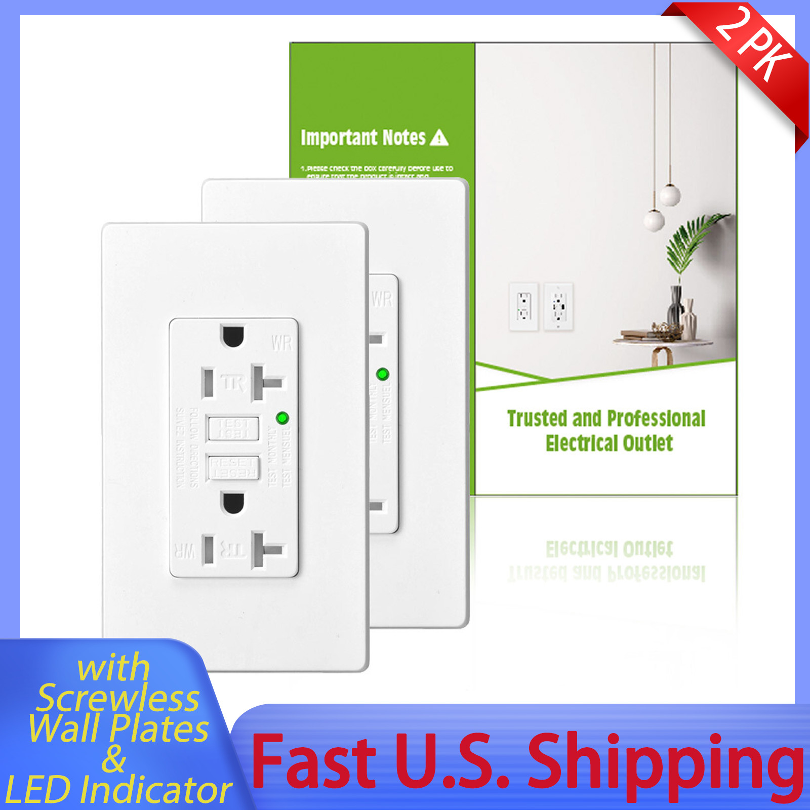 2x 20Amp GFCI Outlets,Decor Receptacle with LED Indicator,Decorative Wall Plates