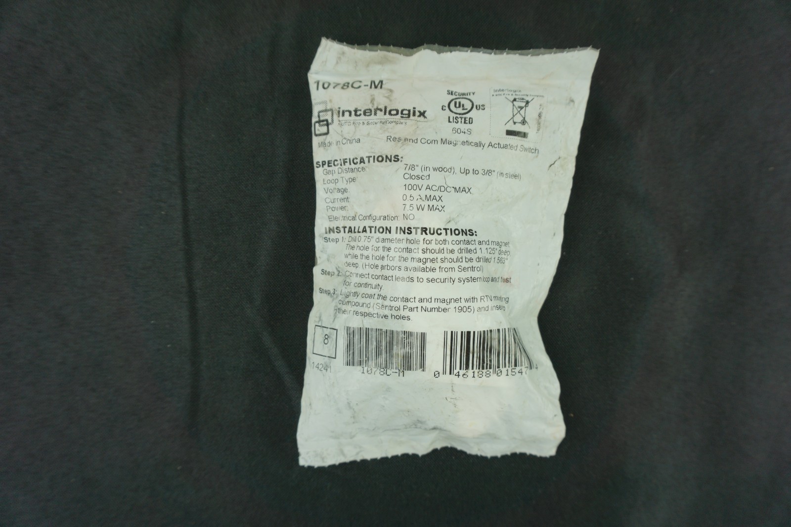 Interlogix 1078C-M Recessed Steel Door Contact,  Wire Leads, New, Factory Sealed