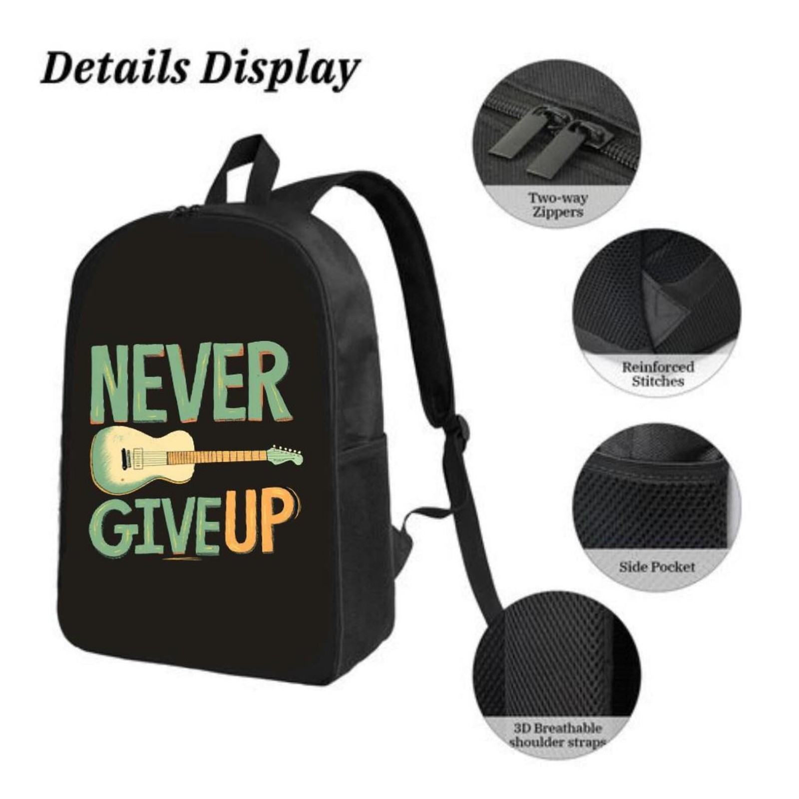 Stylish Black Backpack with Guitar Design NEVER GIVE UP ' Text - Durable School