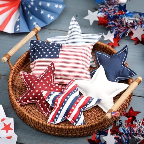 4th of July Stars Ornaments for Tiered Tray Decor - 6Pcs Patriotic Stuffed