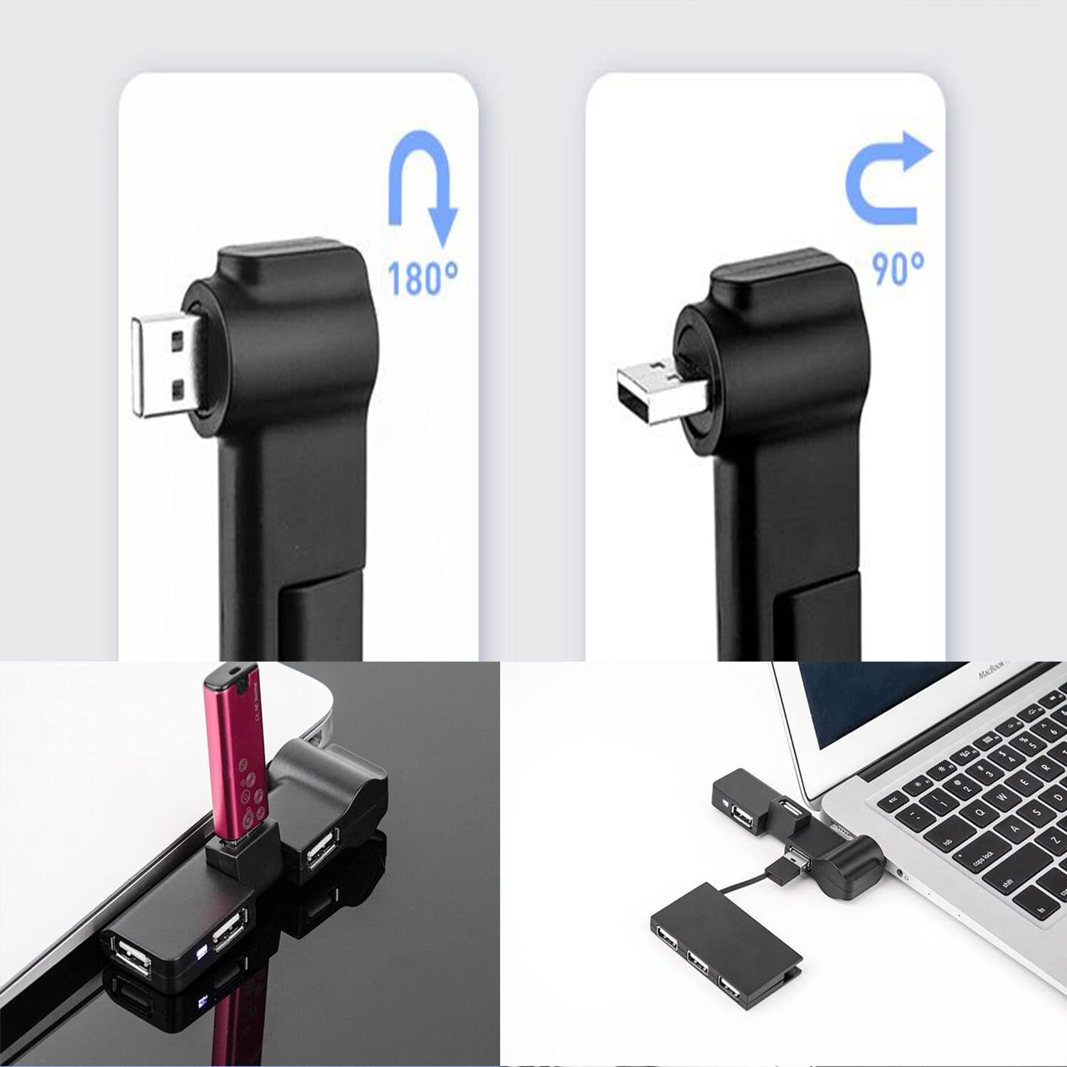 Black Mini USB 2.0 Hub 4-Port 90/180 Degree Rotatable USB Hub Extension
