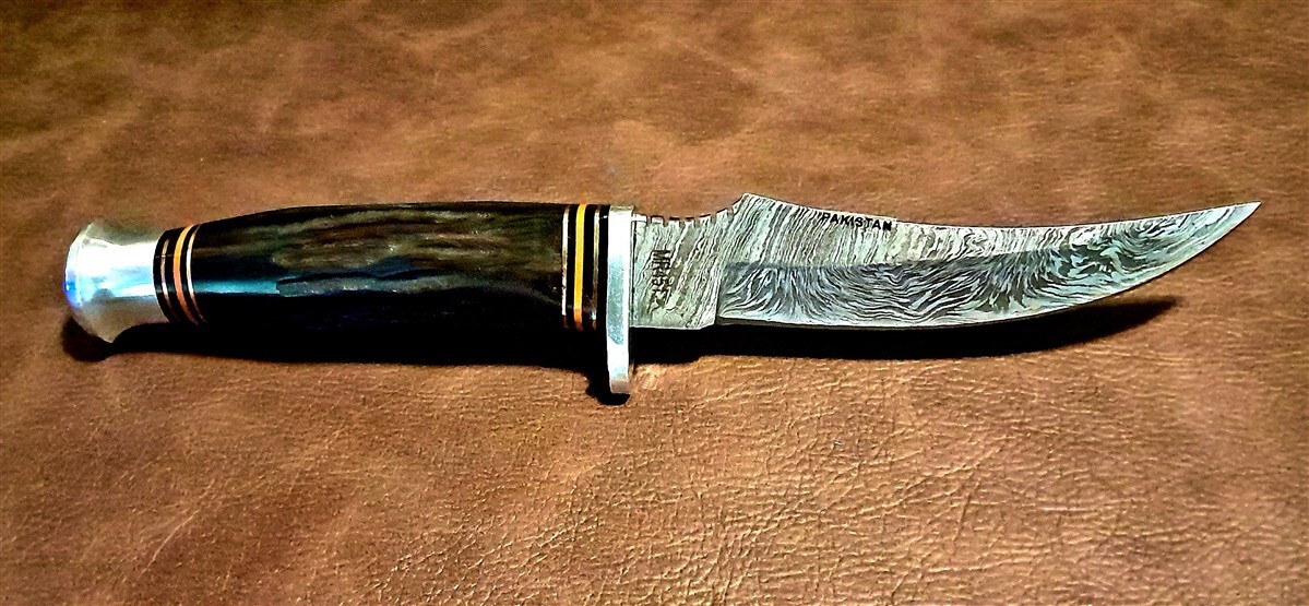 Real Damascus 9" Hunter Skinner Knife w/Bone Handle, Leather Sheath