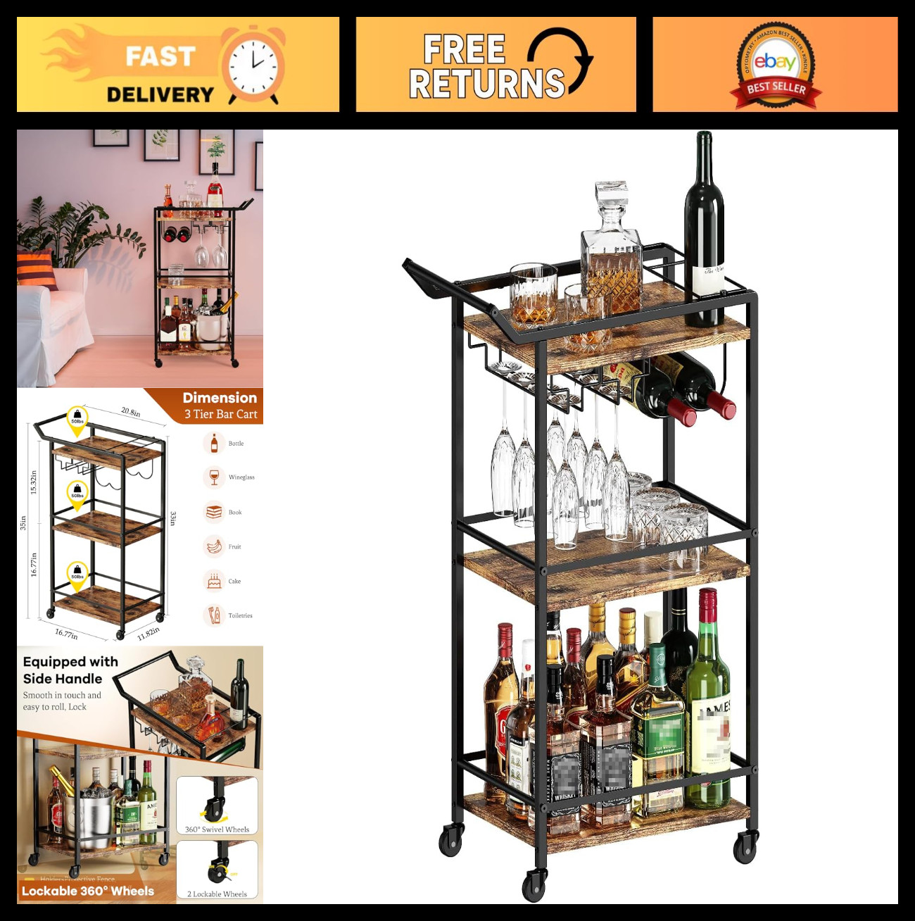 3-Tier Rolling Bar Cart, Mini Liquor Utility Cart for Wine & Drinks, Lockable Wh