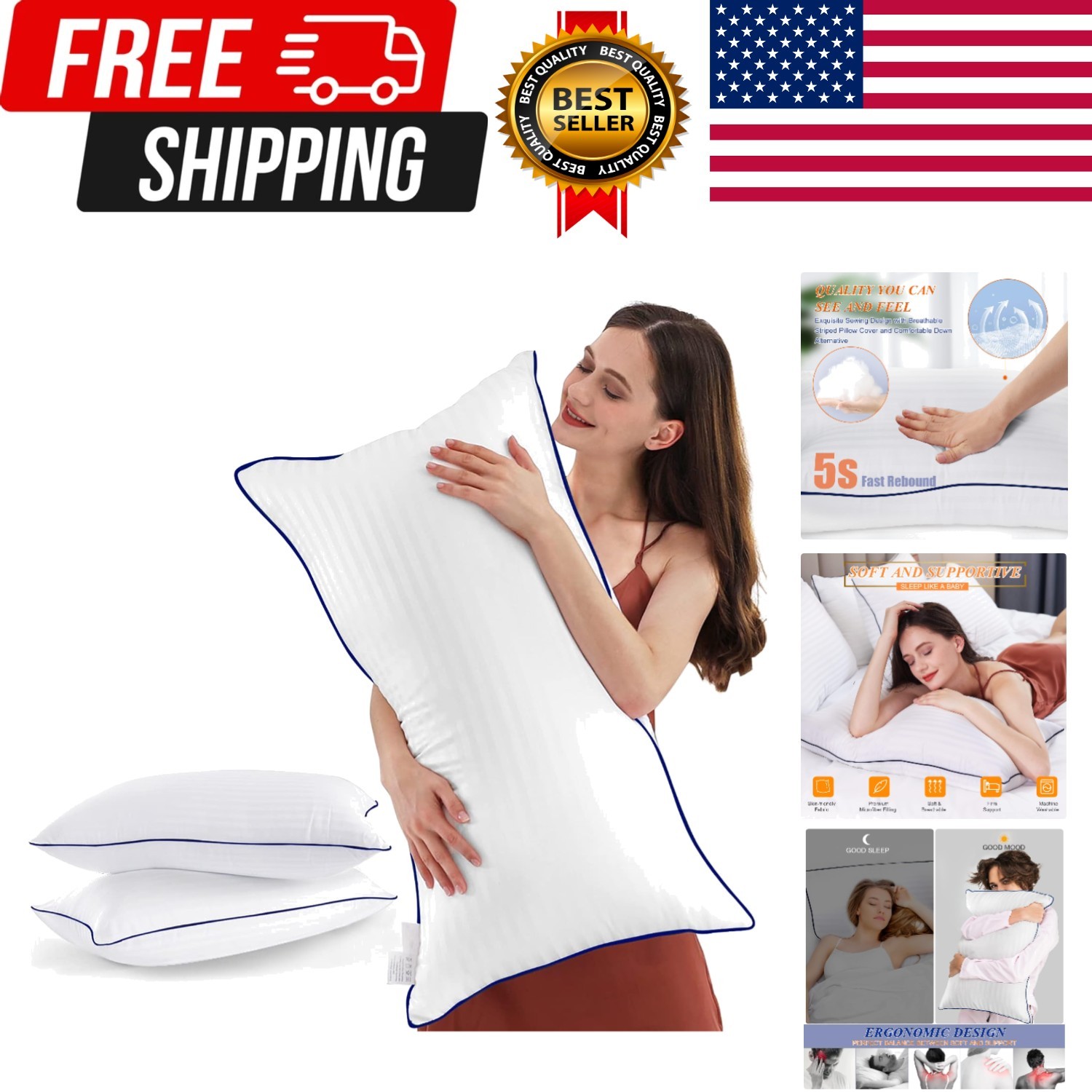 Bed Pillows for Sleeping, King Size Pillows Set of 2 Cooling Luxury Hotel Qua...