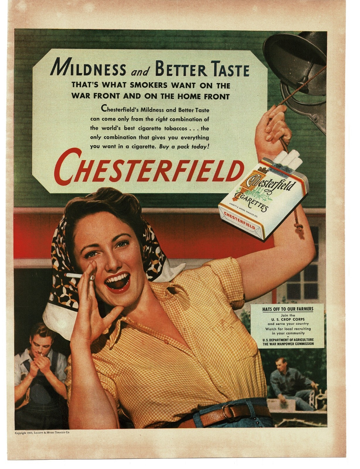 1943 Chesterfield Cigarettes WWII Pretty Farmer Girl Home Front Vintage Print Ad
